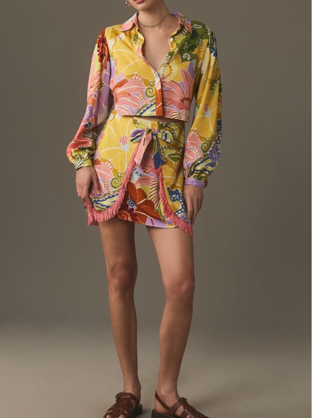 NWT Farm Rio x Anthropologie Long Sleeve Fringe Tie Front Mini Dress